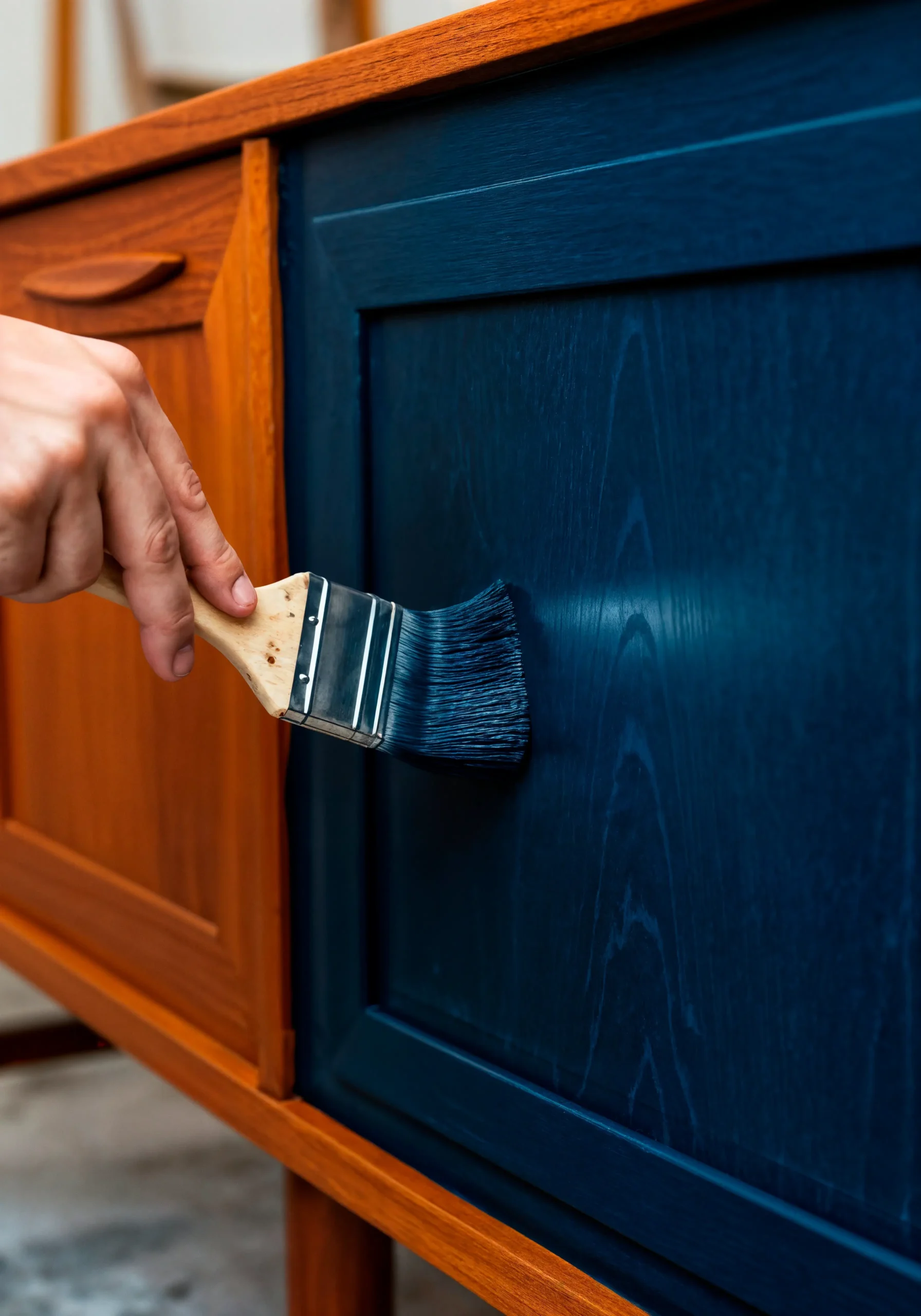painting wooden cabinet blue with paintbrush scaled